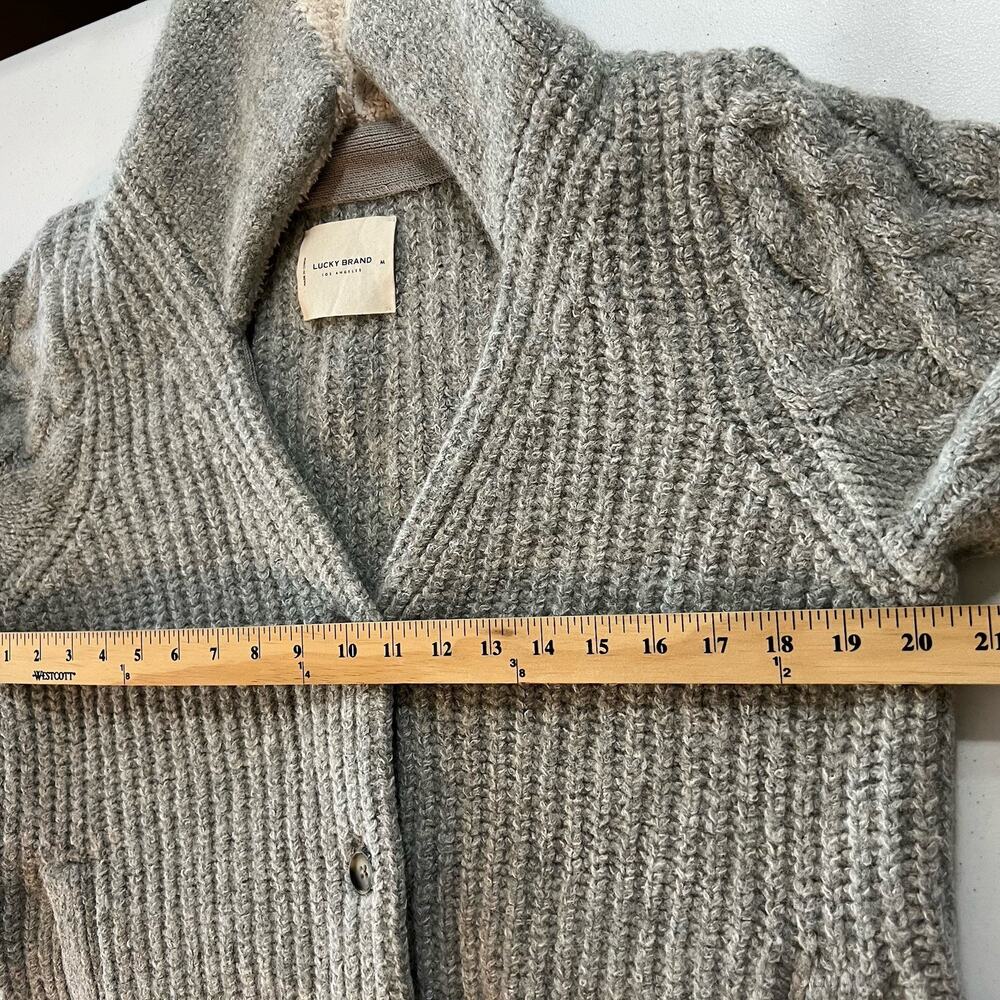 Lucky Brand Cable Knit Cardigan Sweater Wool Blend Chunky V-neck Pockets Gray M - Picture 14 of 16